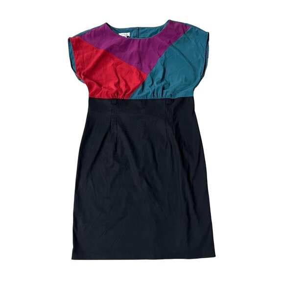 Vintage Dress Color Block Size 14 Cap Sleeve Mid Length 1990s Retro Business - Picture 2 of 9